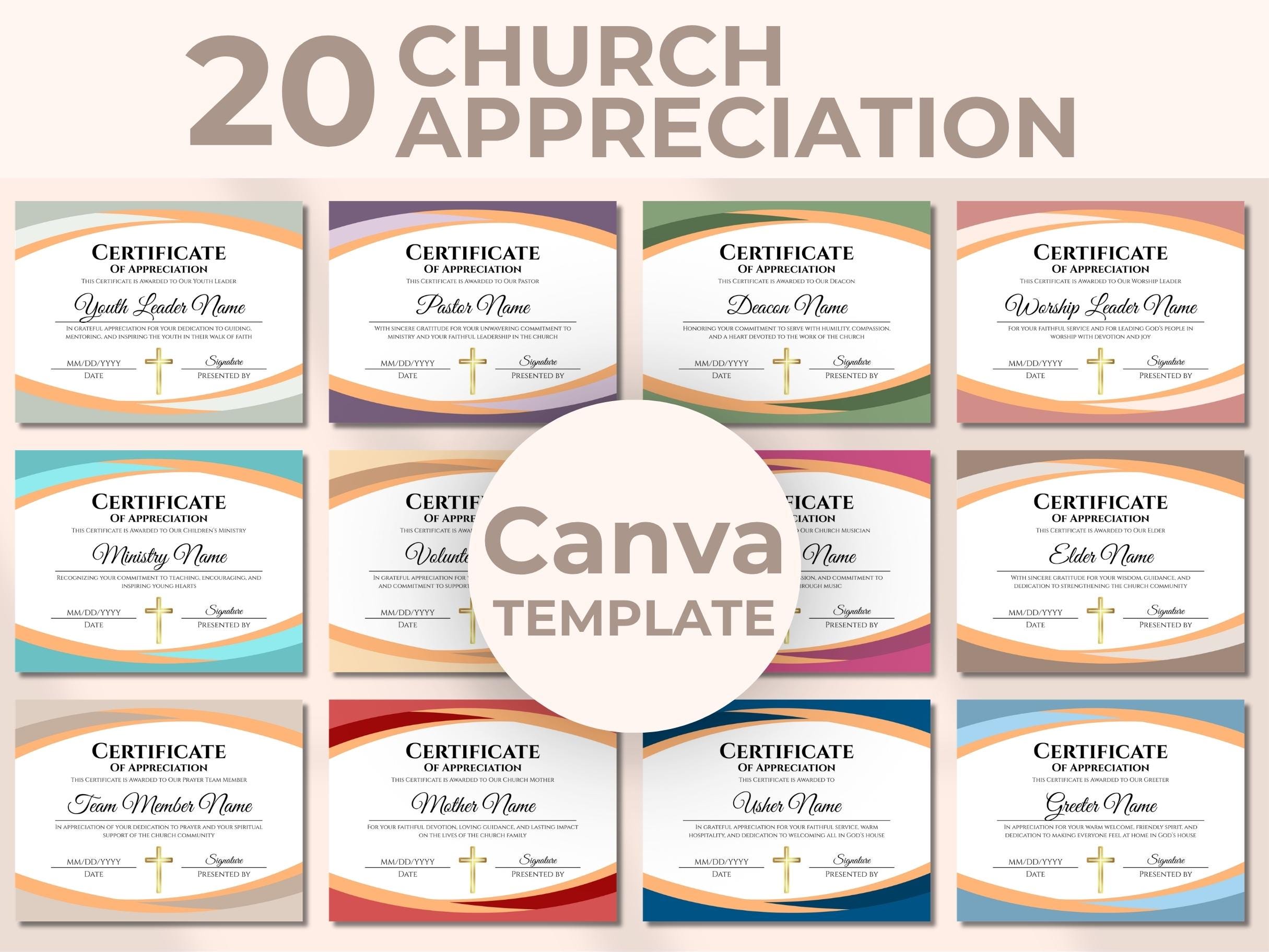 20 EDITABLE Church Certificate of Appreciation Template Bundle Church ...