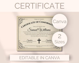 EDITIERBARE Konfirmationszertifikat Vorlage Religiöse Kirche Sakrament Bestätigung Zertifikat Katholische Andenken Printable Award Beige