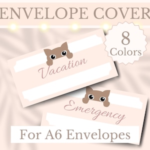 Puede incluir: Dos cubiertas de sobres imprimibles con un lindo gato asomándose por la parte superior. Las cubiertas son para sobres A6 y tienen las palabras "Vacaciones" y "Emergencia" en ellas. Hay 8 colores disponibles.
