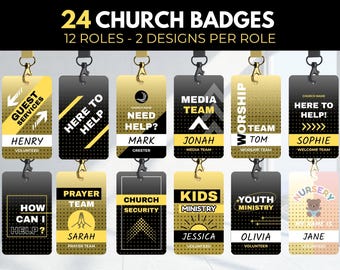 24 Church Volunteer Badge Template Bundle Church Staff ID Badge Lanyard Volunteer Name Tag Greeter, Welcome Team ID Editable Canva Template