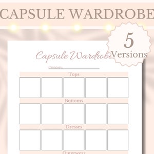 May include: A printable capsule wardrobe planner with five wardrobe versions. The planner has sections for tops, bottoms, dresses, and outerwear. Each section has six blank squares for listing clothing items.