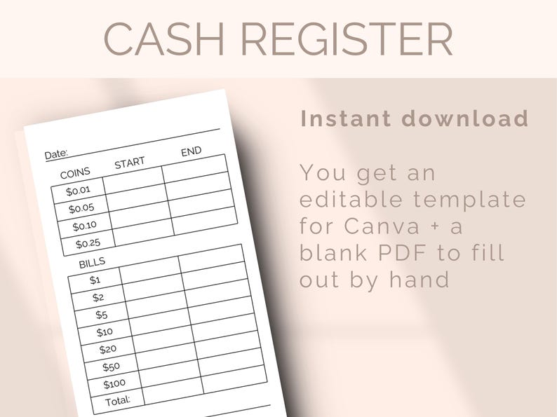 EDITABLE Cash Register Log Template Drawer Balance Count Shop Closing ...