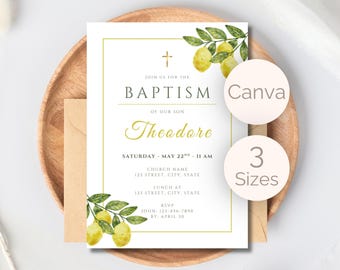 May include: A white baptism invitation card featuring a gold border, a gold cross, and watercolour lemon illustrations. The text reads: Join us for the baptism of our son Theodore, Saturday May 22nd 11 AM, church name, lunch at, RSVP John 123-456-7890 by April 30.