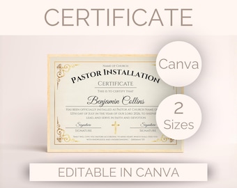 Editable Pastor Installation Certificate Template Church Appointment Religious Leadership Award Printable Pastor Certificate Canva Template
