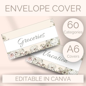 May include: Envelope cover design with floral accents. Features two rectangular cards labelled "Groceries" and "Vacation." Includes circles with "60 Categories" and "A6 Covers." Text at the bottom reads "EDITABLE IN CANVA."