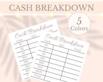 Cash Breakdown Bank Teller Slip Printable Budget Planner Withdrawal Slip Count Financial Tracker Money Envelope, A4, Letter Digital Download