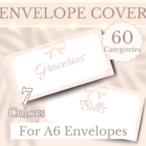 Puede incluir: Diseño de cubierta de sobre con el texto "Envelope Cover". Se muestran dos tarjetas, una con "Groceries" y otra con "Bills". El diseño incluye un lazo y el texto "60 Categories", "7 Colors" y "For A6 Envelopes".