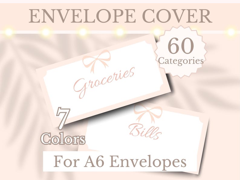 Printable cash envelope cover inserts in cute pink bow design. You will get 60 different categories to help your organize and budget your money and 7 different colors. These envelope dashboards fit A6 budget binder cash envelopes.