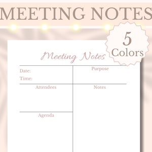 May include: A printable meeting notes template with the text "Meeting Notes" and "5 Colors" in a circle. The template has sections for date, time, attendees, purpose, notes, and agenda.