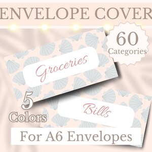 May include: Envelope cover design with the text "ENVELOPE COVER". The design includes two A6 envelope covers with a seashell pattern and the words "Groceries" and "Bills". The image also shows "5 Colors" and "60 Categories".