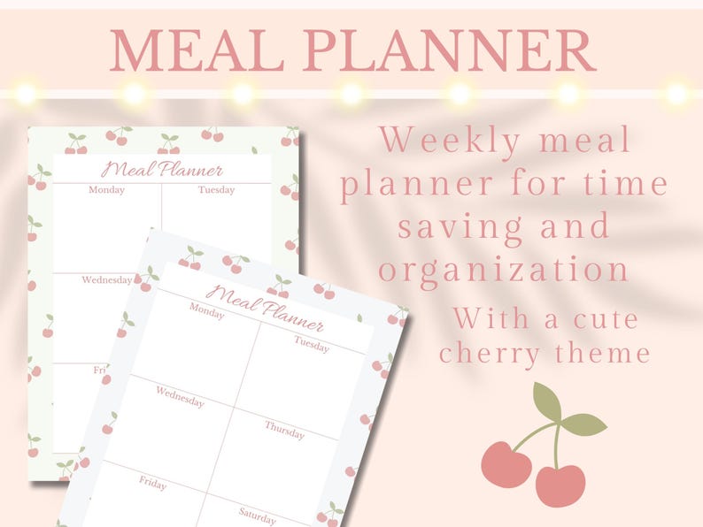 Digital Weekly Meal Planner Printable Ring Binder Insert Cute Cherry ...