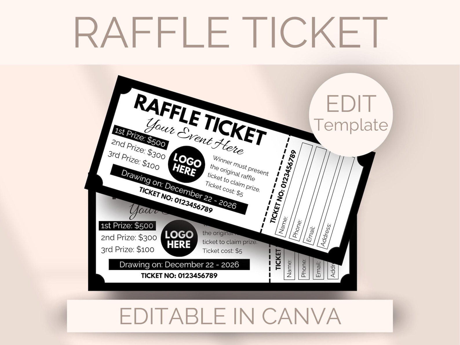 Company Raffle Draw EDITABLE Raffle Ticket Template Fundraiser Raffle Ticket Printable ...