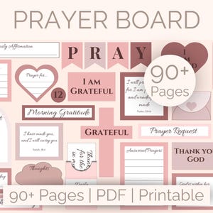 Op de afbeelding: Een digitaal gebedsbord met diverse roze en bruine elementen. Het ontwerp bevat ruimtes voor dagelijkse affirmaties, dankbaarheid en gebedsverzoeken. De tekst "PRAYER BOARD" staat bovenaan, met "90+ Pages | PDF | Printable" onderaan.