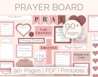 Kit de tablero de oración, kit de tablero de anuncios imprimible, tablero de oración rosa, tablero de devoción cristiana, collage de pared de las Escrituras bíblicas, tablero de oración escolar