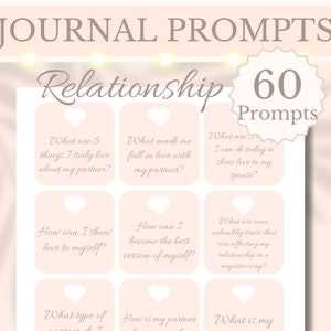 May include: A printable journal page with the title "Journal Prompts" and the word "Relationship" in a decorative font. It features 60 prompts in a grid format, with questions about love and relationships. The background is a soft peach color.