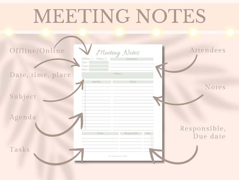 Meeting Notes Planner Printable Work Meeting Minutes Notes Sheet Agenda ...