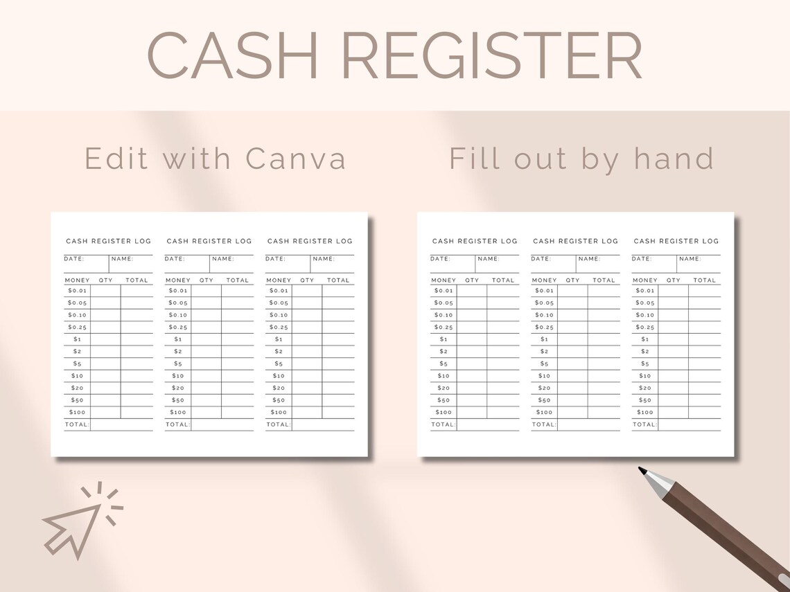 EDITABLE Cash Register Template Drawer Count Slip Shop Closing Till ...