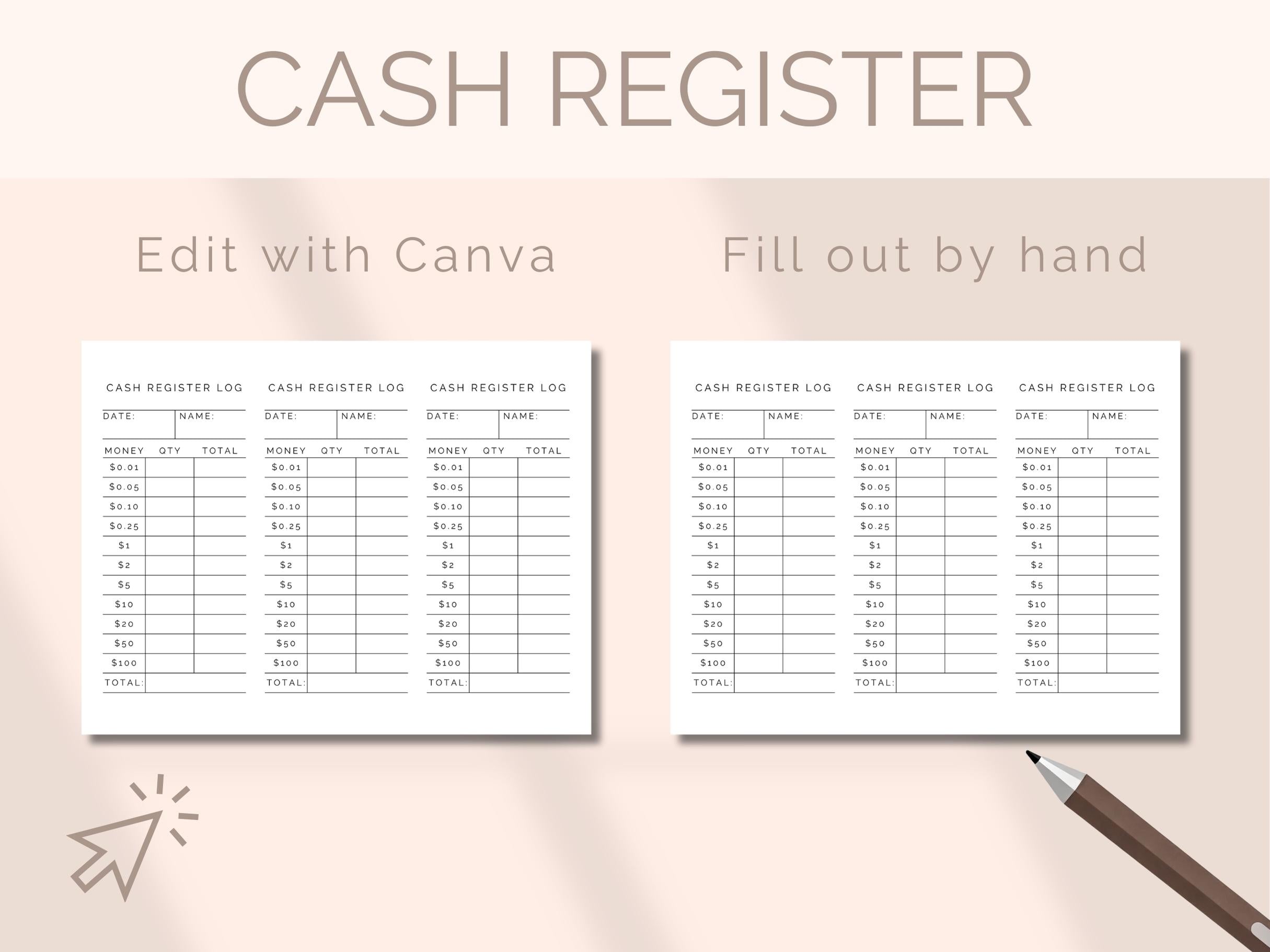 Count Slip EDITABLE Cash Register Template Drawer Count Slip Shop Closing Till ...