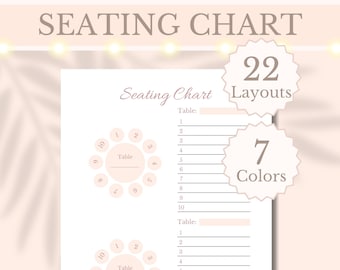 May include: A wedding seating chart design with the text "Seating Chart" at the top. The chart includes table layouts and colour options. The design features a soft, neutral colour palette.
