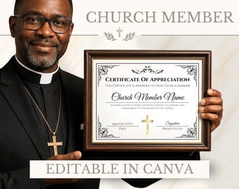 May include: A framed certificate of appreciation with black decorative borders and a gold cross icon. The text reads Certificate Of Appreciation, This Certificate Is Awarded To Our Church Member, Church Member Name, and In Appreciation Of Your Continued Support Fellowship, And Commitment To The Mission Of The Church.