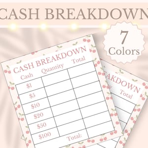 Puede incluir: Dos hojas de desglose de efectivo con un borde de cerezas. Las hojas tienen columnas para denominaciones de efectivo de 1 € a 100 €, cantidad y total. El texto "CASH BREAKDOWN" está en la parte superior. Una insignia circular dice "7 Colores".
