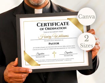 May include: A framed Certificate of Ordination with black text and gold accents. The document reads Certificate of Ordination, Henry Williams, Pastor, and includes a gold cross icon, signature lines, and 2 Timothy 4:2 scripture text.