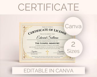 Editable Minister License Certificate Template License to Preach Pastor Ordination Certificate Religious Minister Certificate Canva Template