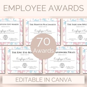 Könnte beinhalten: Eine Sammlung von Mitarbeiter-Auszeichnungsurkunden mit floralen Hintergründen in Rosa und Blau. Die Urkunden tragen Titel wie "The Limitless List-Maker" und "The Sarcasm Specialist". Der Text "Employee Awards" und "Editable in Canva" ist ebenfalls sichtbar.