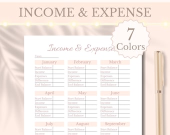 May include: A printable budget tracker with a pink background and black text. The tracker is divided into 12 months, with columns for start balance, income, expenses, difference, and end balance.