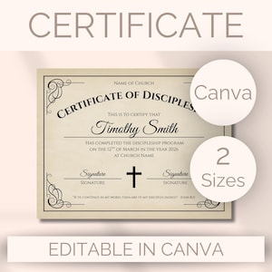 Może przedstawiać: Beżowy certyfikat z czarnym tekstem, z napisami "Certificate of Disciples" i "Timothy Smith". Certyfikat zawiera symbol krzyża i tekst "Editable in Canva".