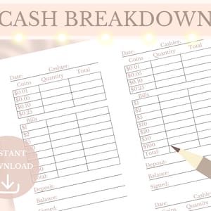 Cash Breakdown Printable Drawer Count Sheet Small Business Planner Cash ...