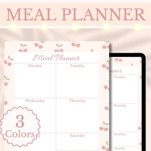 Pode incluir: Um planejador de refeições imprimível com um padrão de cerejas rosa e brancas. O planejador tem espaços para cada dia da semana, de segunda a domingo. O texto "Meal Planner" está no topo da página. O texto "3 Colors" está em um círculo na parte inferior esquerda da página.