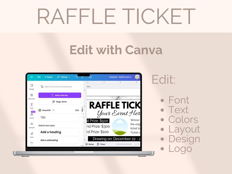 Company Raffle Draw EDITABLE Raffle Ticket Template Fundraiser Raffle Ticket Printable ...