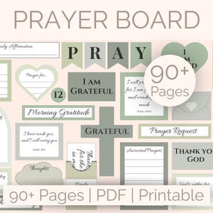 May include: A digital prayer board with various templates for daily affirmations, gratitude, and prayer requests. The design features a soft color palette with green and gray accents, and includes the text "PRAYER BOARD" at the top.