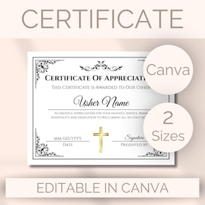 Puede incluir: Una plantilla de certificado de agradecimiento blanca con bordes decorativos negros en las esquinas, un icono de cruz dorada central y texto que incluye "Certificate of Appreciation", "This certificate is awarded to our usher" y "Usher Name".
