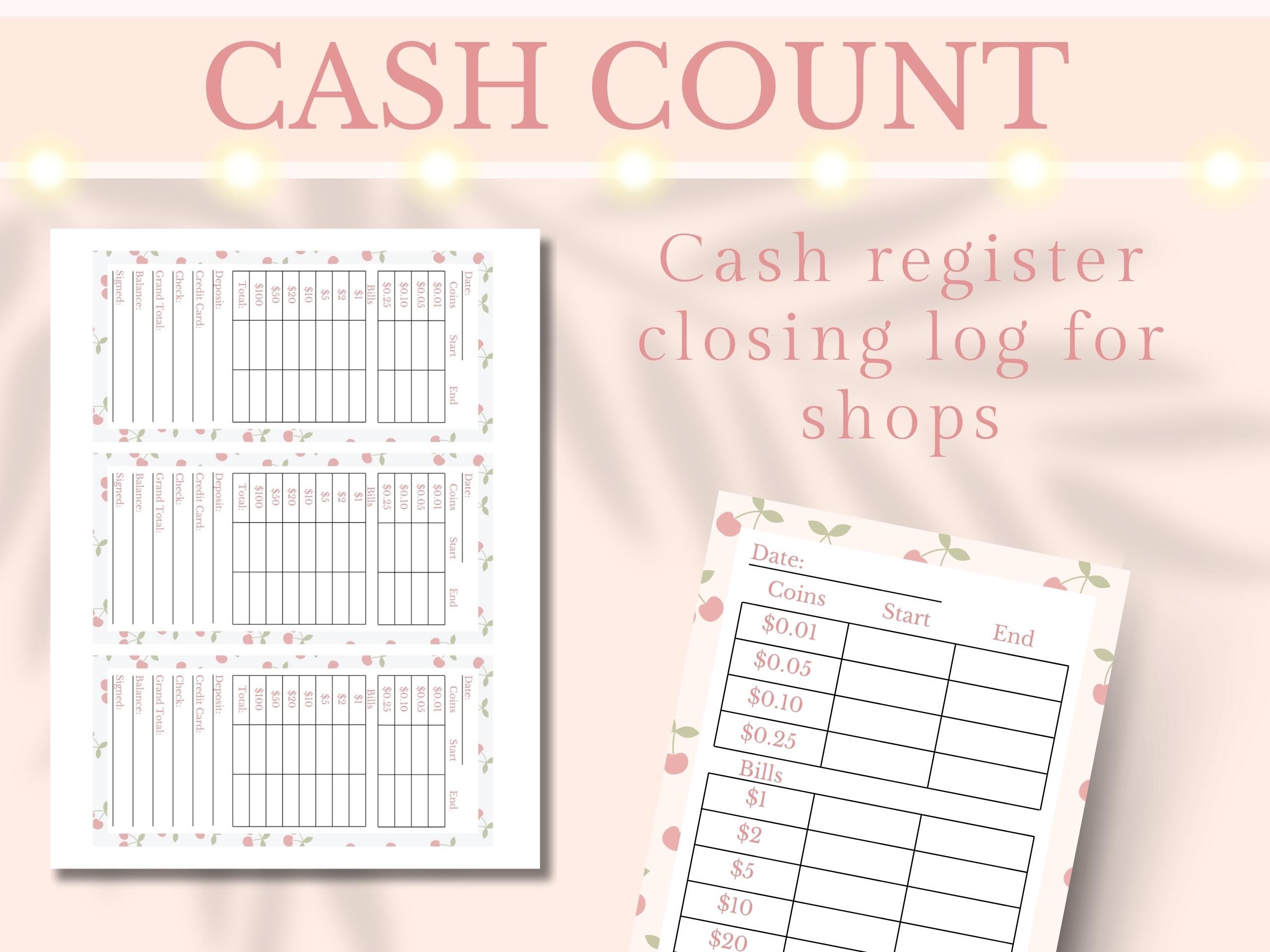 Cash Drawer Count Sheet Printable Shop Closing Cash Register Log Till ...