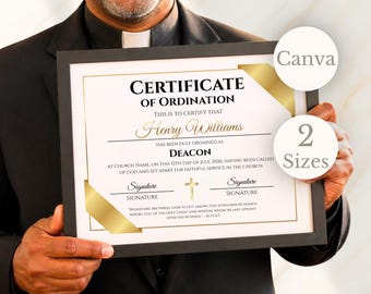Plantilla de certificado de ordenación de diácono Certificado de ministerio evangélico Certificado de ordenación de diácono moderno Plantilla de Canva para liderazgo clerical
