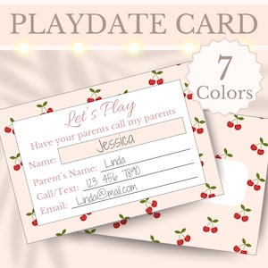 Tarjeta imprimible para cita de juegos infantiles, tarjeta de llamada para niños, temática de cereza, tarjeta de contacto para mamá, arreglo para cita de juegos, linda tarjeta de llamada femenina, escuela de verano