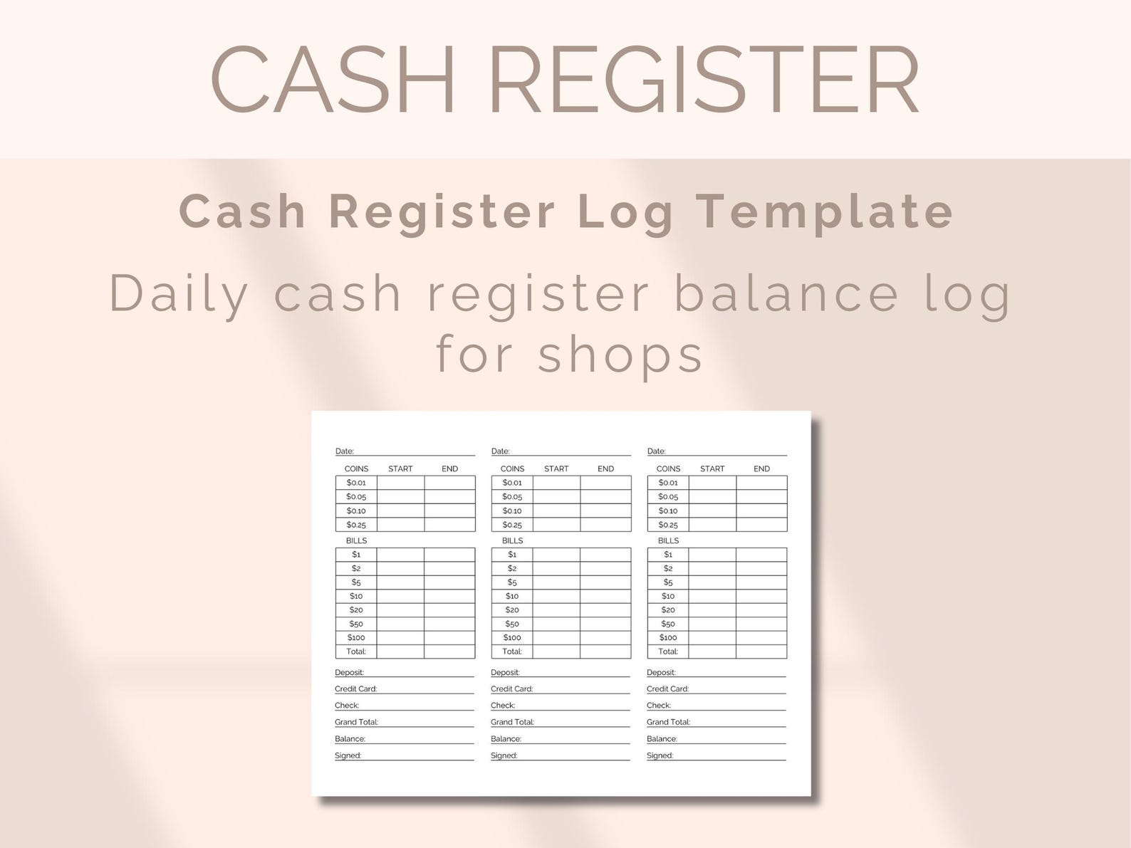 EDITABLE Cash Register Log Template Drawer Balance Count Shop Closing ...