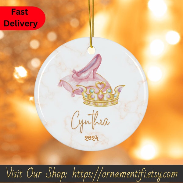 Princes Slipper Ornament, Customized Ceramic Slipper Cushion next to Crown Christmas Ornament Keepsake Souvenir Kids gifted, glass slipper