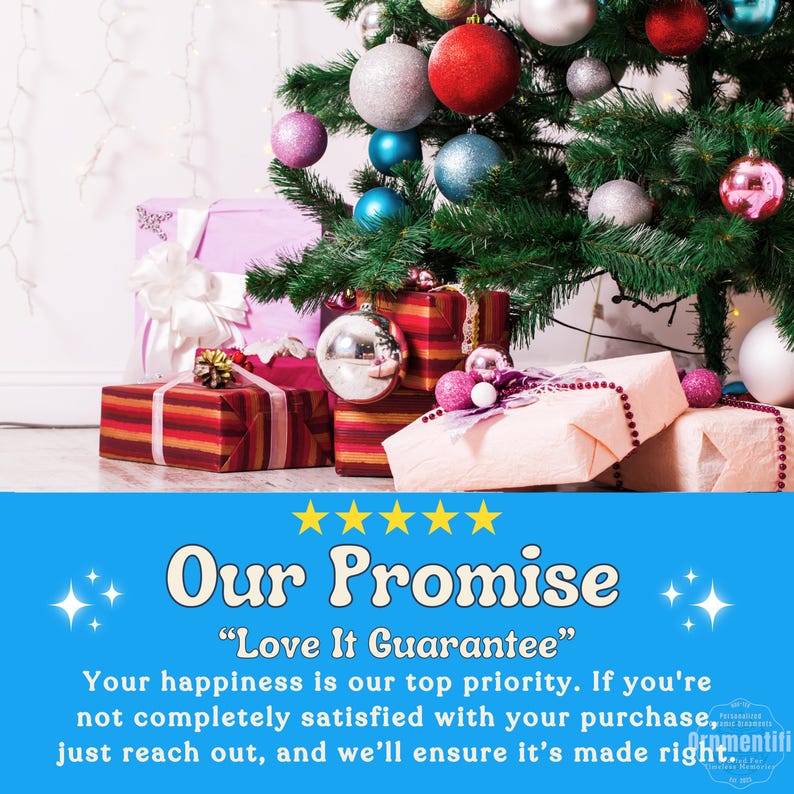May include: A Christmas tree decorated with red, silver, blue, and pink spherical ornaments, surrounded by wrapped gift boxes in various colors. Below, a blue graphic features five yellow stars and the text: Our Promise Love It Guarantee.