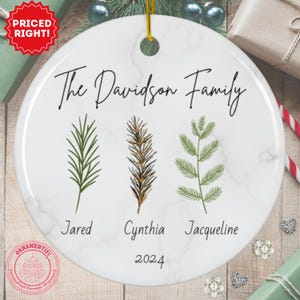 Personalized Family of 3 Christmas Ornament: Custom Last Name, Names with year, Ceramic Keepsake