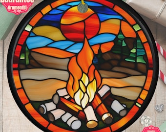 Faux Stained Glass Campfire Ornament: Outdoorsy Nature Scene