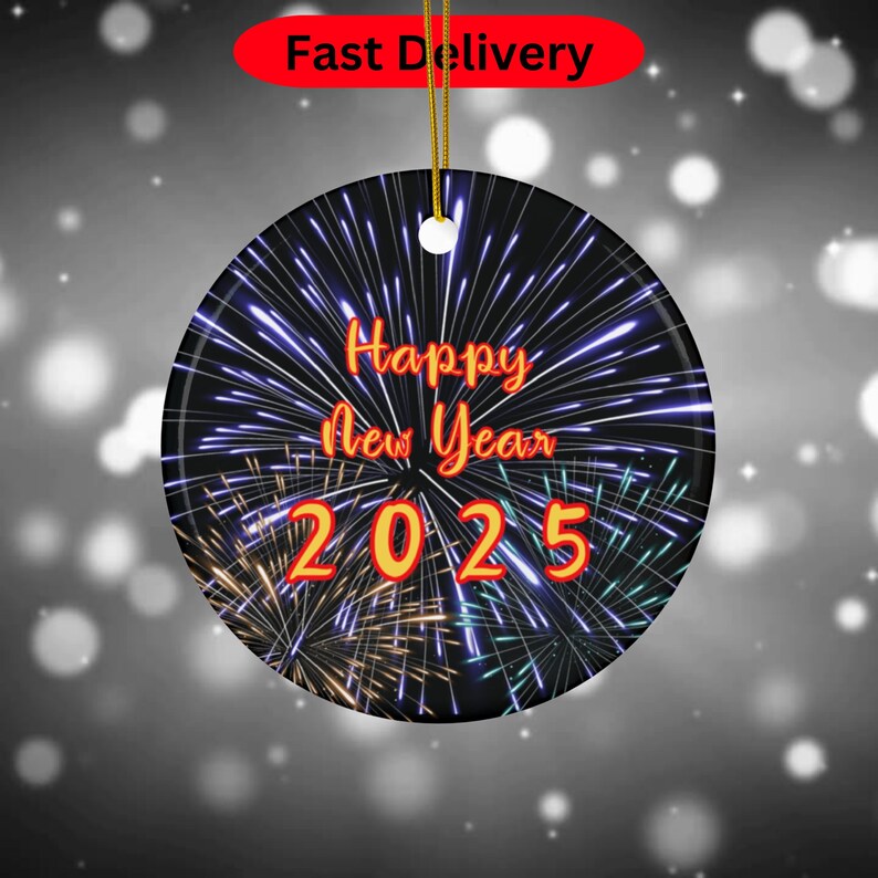 Happy New Years, 2025 Yearly Ceramic Ornament, Festive Fireworks