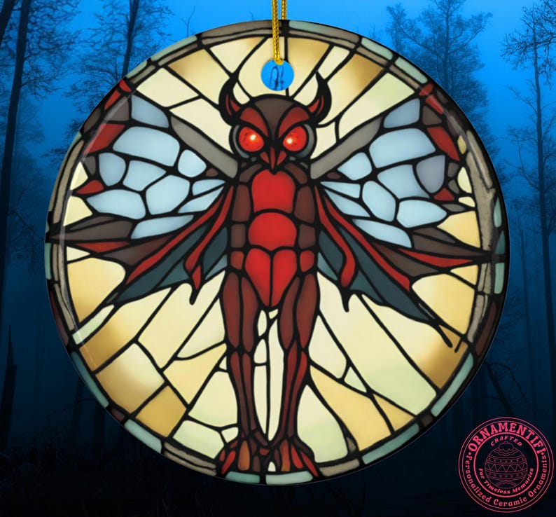 May include: A round ceramic ornament featuring a stained-glass style illustration of a red and brown moth-like creature with glowing red eyes. The design is set against a circular background of yellow and light blue geometric panels with black lines.