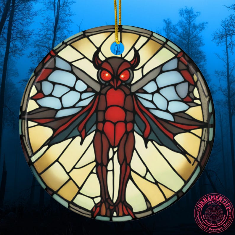 May include: A round ceramic ornament featuring a stained glass style illustration of a red owl-like creature with glowing eyes and wings. The design is set against a background of yellow and light blue geometric glass panels with a gold string.