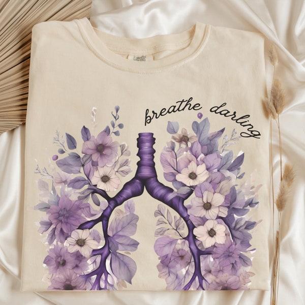Florales Lungen Design, Boho Ästhetisches Shirt, Anatomisches Lung Grafik T-Shirt, Atmen Darling Lila Wilde Blume TShirt, Atmungs Advocace Top