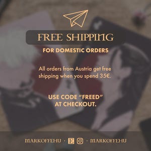 May include: Two cards with illustrations of people, one with a red circle background. The text "FREE SHIPPING" is at the top, with "FOR DOMESTIC ORDERS" below. The text "USE CODE 'FREED' AT CHECKOUT" is also visible.