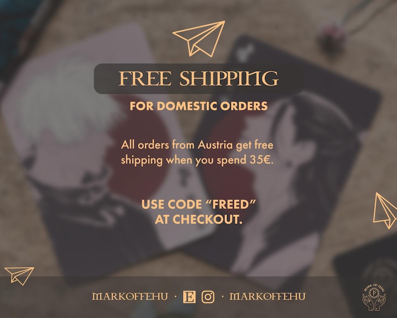 May include: Two cards with illustrations of people, one with a red circle background. The text "FREE SHIPPING" is at the top, with "FOR DOMESTIC ORDERS" below. The text "USE CODE 'FREED' AT CHECKOUT" is also visible.