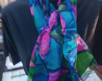 Blue, green and pink chiffon scarf- 20&quot;x40&quot;